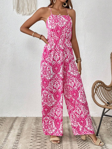 Floral Print Crisscross Tie Backless Wide Leg Cami Jumpsuit