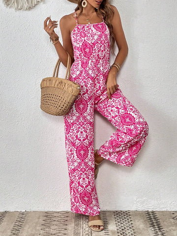 Floral Print Crisscross Tie Backless Wide Leg Cami Jumpsuit