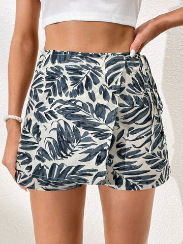 VCAY Leaf Print Knot Side Wrap Skort