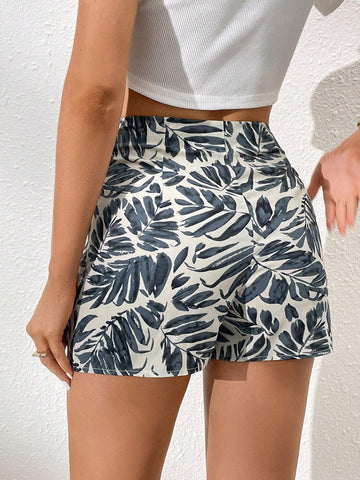 VCAY Leaf Print Knot Side Wrap Skort