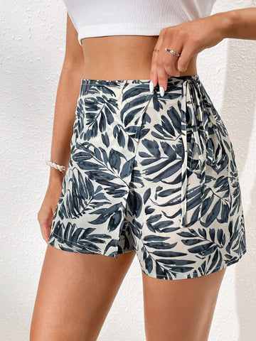 VCAY Leaf Print Knot Side Wrap Skort