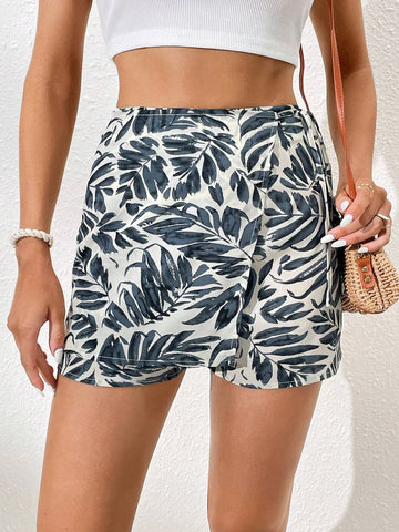 VCAY Leaf Print Knot Side Wrap Skort