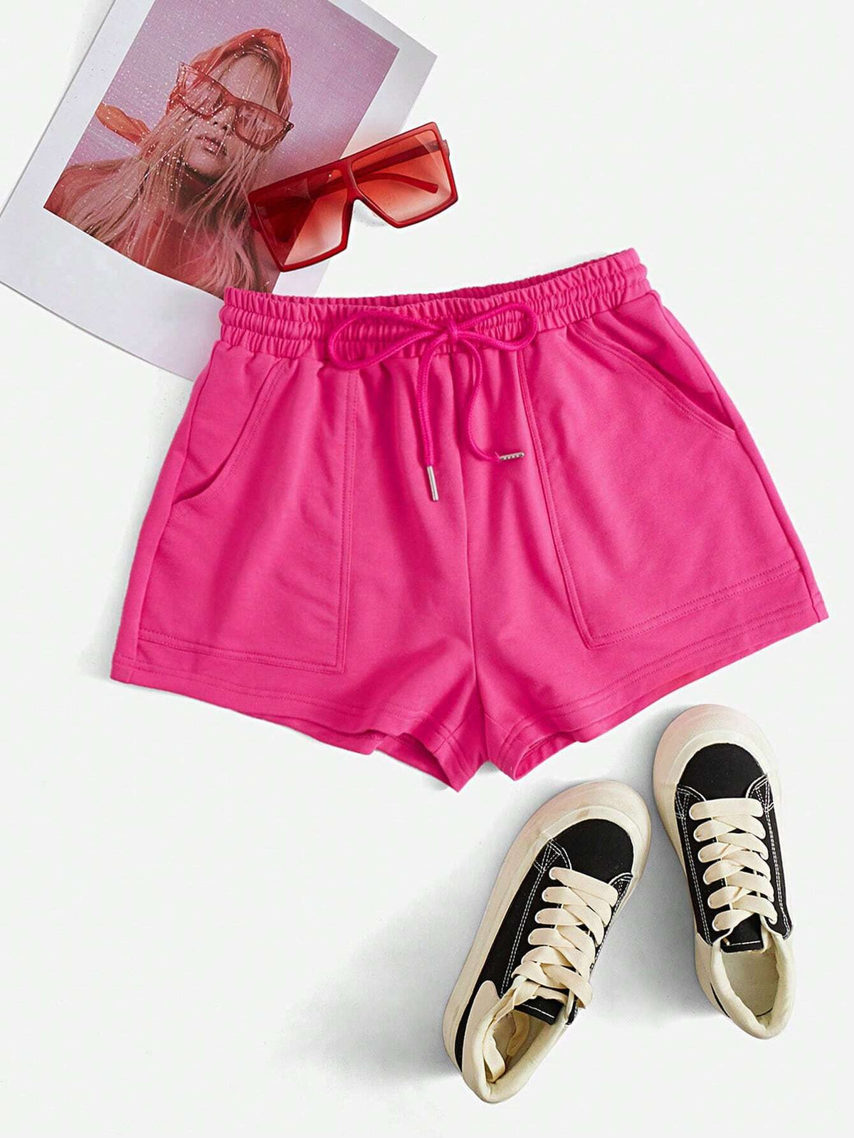 EZwear Drawstring Waist Slant Pocket Solid Track Shorts