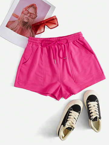 EZwear Drawstring Waist Slant Pocket Solid Track Shorts