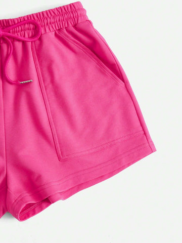 EZwear Drawstring Waist Slant Pocket Solid Track Shorts