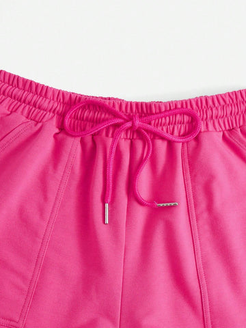 EZwear Drawstring Waist Slant Pocket Solid Track Shorts