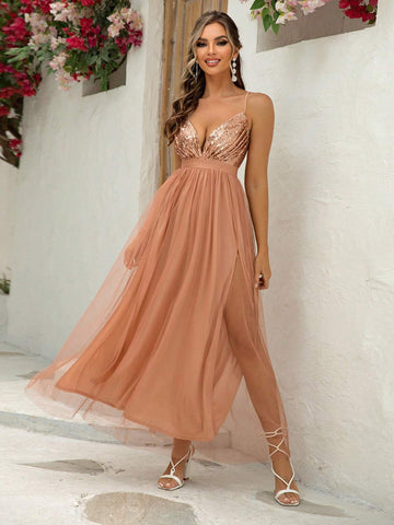 Joyfunear Cross Back Plunging Sequin Top Tulle Dress