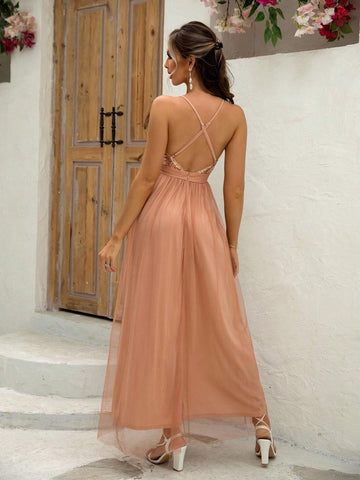 Joyfunear Cross Back Plunging Sequin Top Tulle Dress