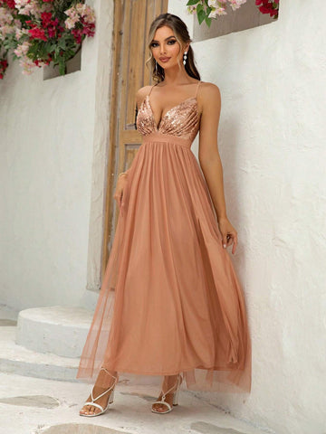 Joyfunear Cross Back Plunging Sequin Top Tulle Dress