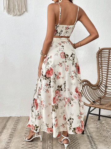 Floral Print Cami Top & Wrap Knot Side Skirt