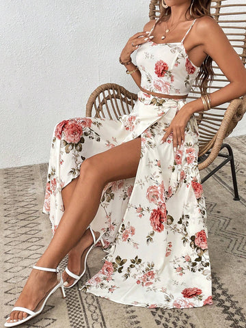 Floral Print Cami Top & Wrap Knot Side Skirt