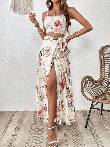 Floral Print Cami Top & Wrap Knot Side Skirt