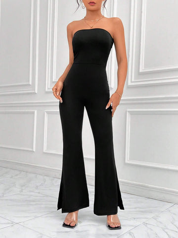 Solid Split Hem Tube Jumpsuit Without Belt