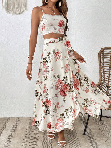 Floral Print Cami Top & Wrap Knot Side Skirt