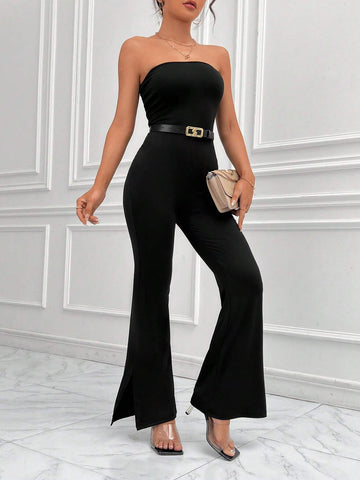 Solid Split Hem Tube Jumpsuit Without Belt