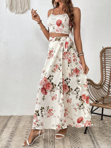 Floral Print Cami Top & Wrap Knot Side Skirt