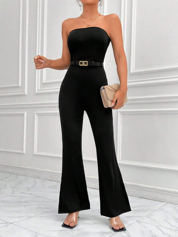 Solid Split Hem Tube Jumpsuit Without Belt