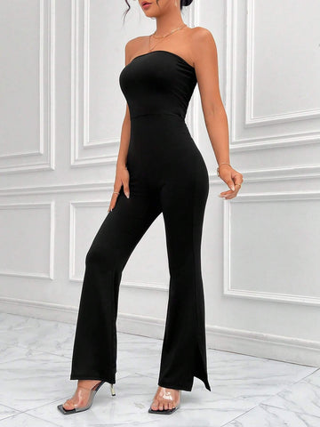 Solid Split Hem Tube Jumpsuit Without Belt