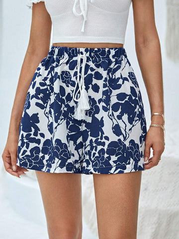 VCAY Floral Print Tie Front Shorts