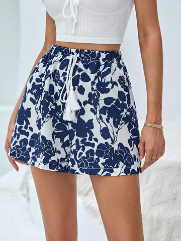 VCAY Floral Print Tie Front Shorts