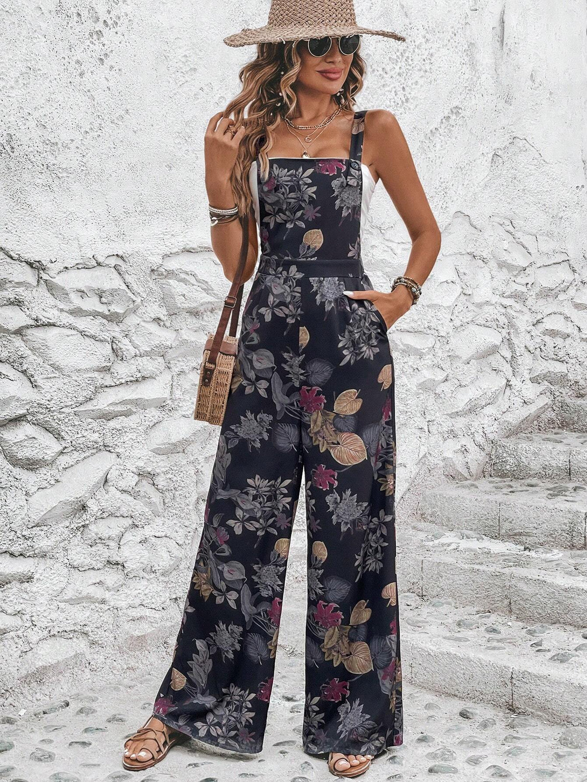 EMERY ROSE Floral Print Slant Pocket Wide Leg Cami Jumpsuit