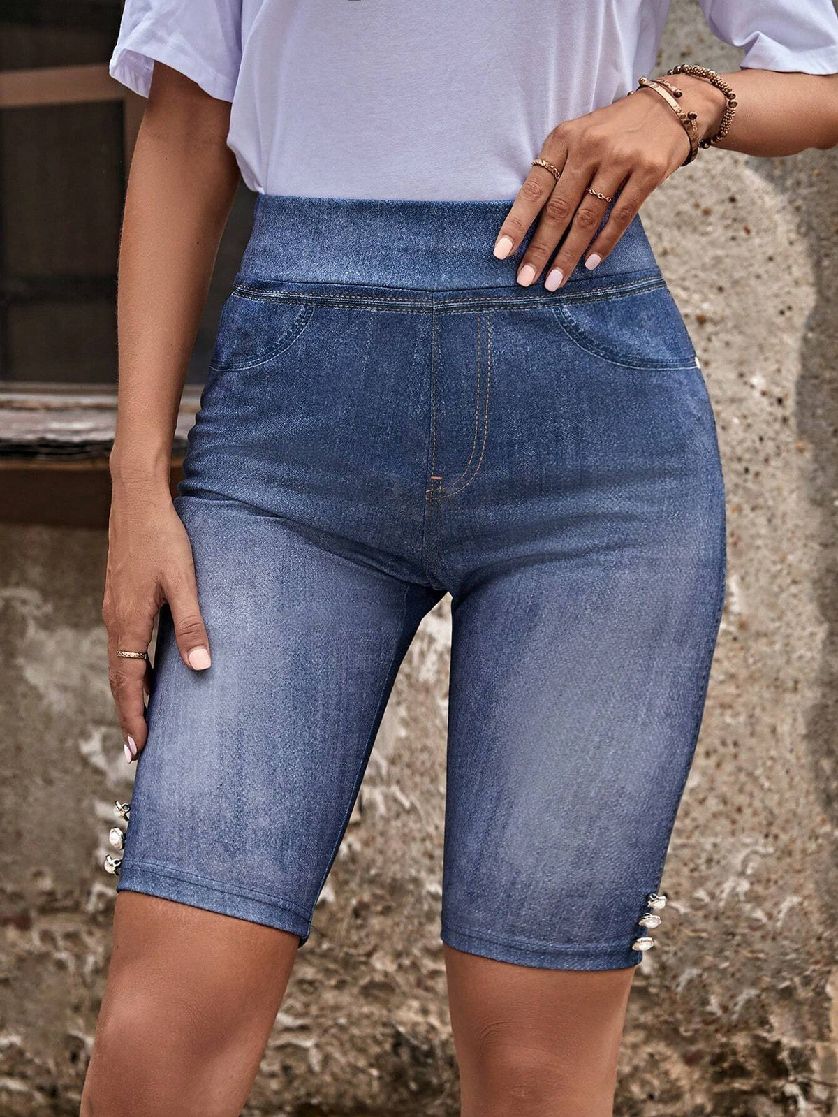 EMERY ROSEDenim-Effect Print High Waist Biker Shorts