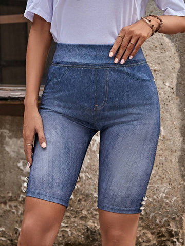 EMERY ROSEDenim-Effect Print High Waist Biker Shorts