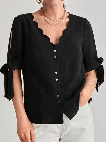 Scallop Trim Knot Cuff Split Sleeve Button Front Blouse