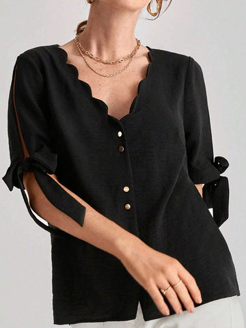 Scallop Trim Knot Cuff Split Sleeve Button Front Blouse