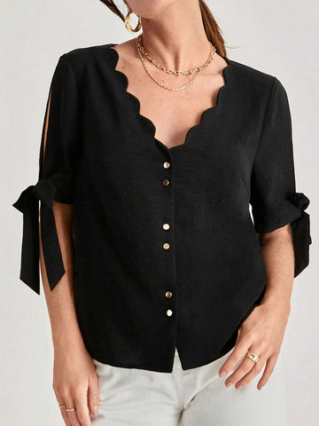 Scallop Trim Knot Cuff Split Sleeve Button Front Blouse