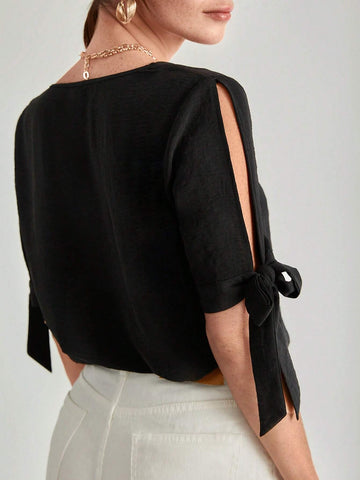 Scallop Trim Knot Cuff Split Sleeve Button Front Blouse