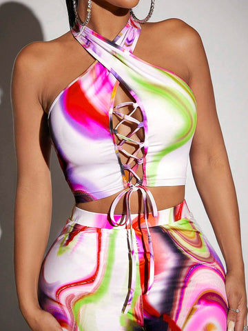 Allover Print Lace Up Front Halter Top & Leggings