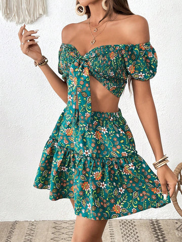 Floral Print Off Shoulder Knot Front Crop Top & Ruffle Hem Skirt