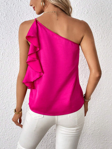 One Shoulder Ruffle Trim Satin Blouse
