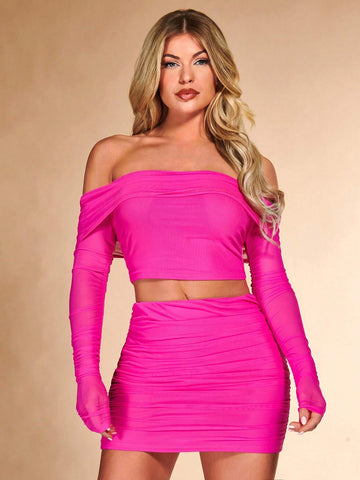 Off Shoulder Ruched Mesh Crop Top & Bodycon Skirt