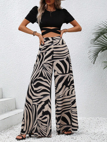 Crisscross Tie Back Crop Tee & Graphic Print Wide Leg Pants