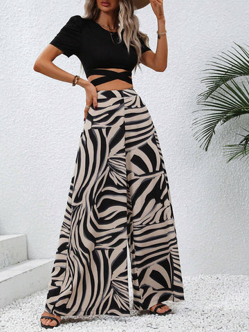 Crisscross Tie Back Crop Tee & Graphic Print Wide Leg Pants