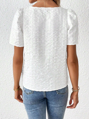 Solid Puff Sleeve V Neck Blouse