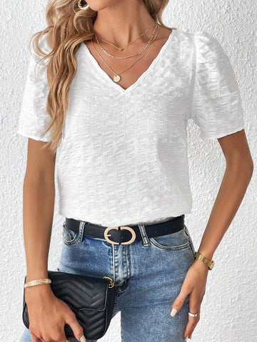 Solid Puff Sleeve V Neck Blouse