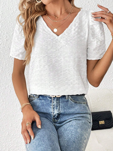Solid Puff Sleeve V Neck Blouse