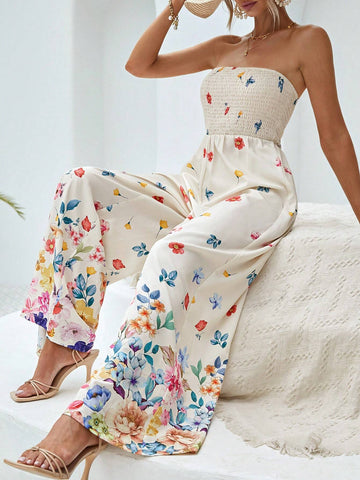 Floral Print Tube Wide Leg Jumpsuit