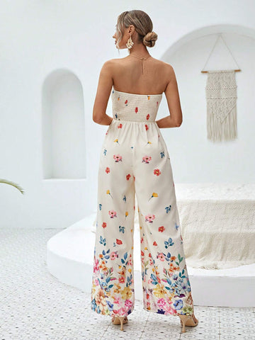 Floral Print Tube Wide Leg Jumpsuit