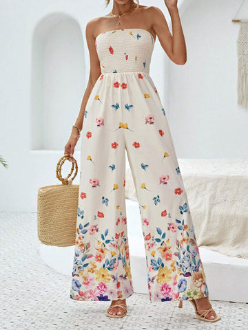 Floral Print Tube Wide Leg Jumpsuit