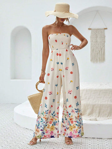 Floral Print Tube Wide Leg Jumpsuit