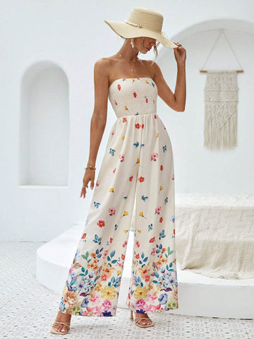 Floral Print Tube Wide Leg Jumpsuit