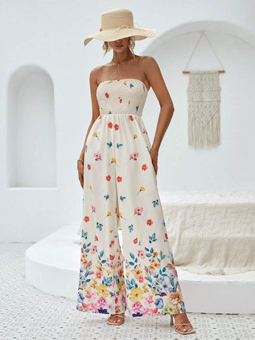 Floral Print Tube Wide Leg Jumpsuit