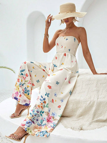 Floral Print Tube Wide Leg Jumpsuit