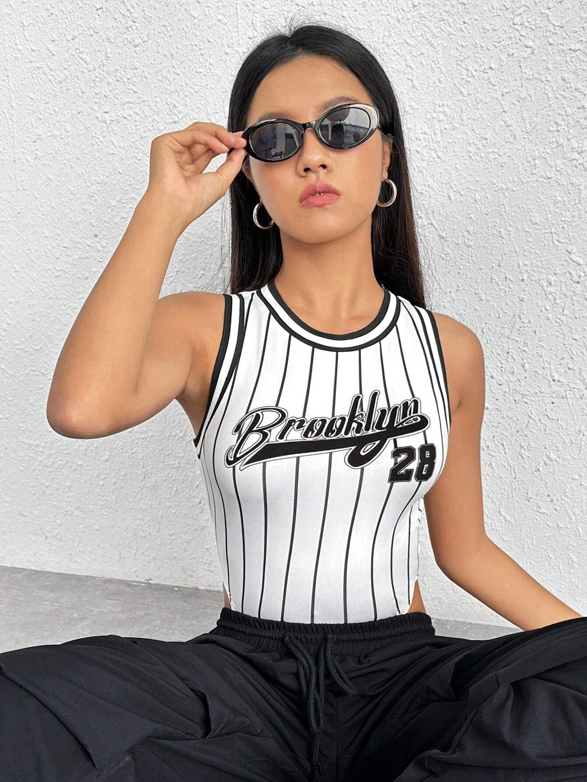 Striped & Letter Graphic Tank Bodysuit