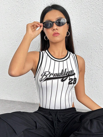 Striped & Letter Graphic Tank Bodysuit
