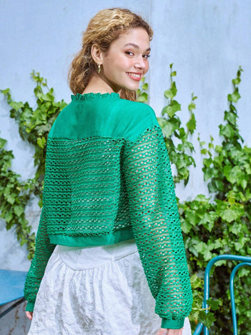 Frill Trim Lantern Sleeve Hollow Out Blouse